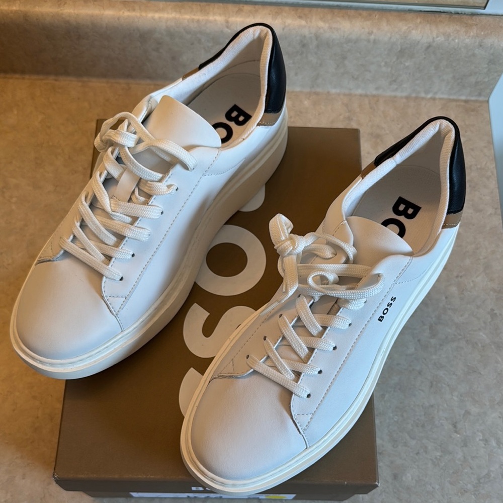 Boss White Leather Sneakers with Black Detail